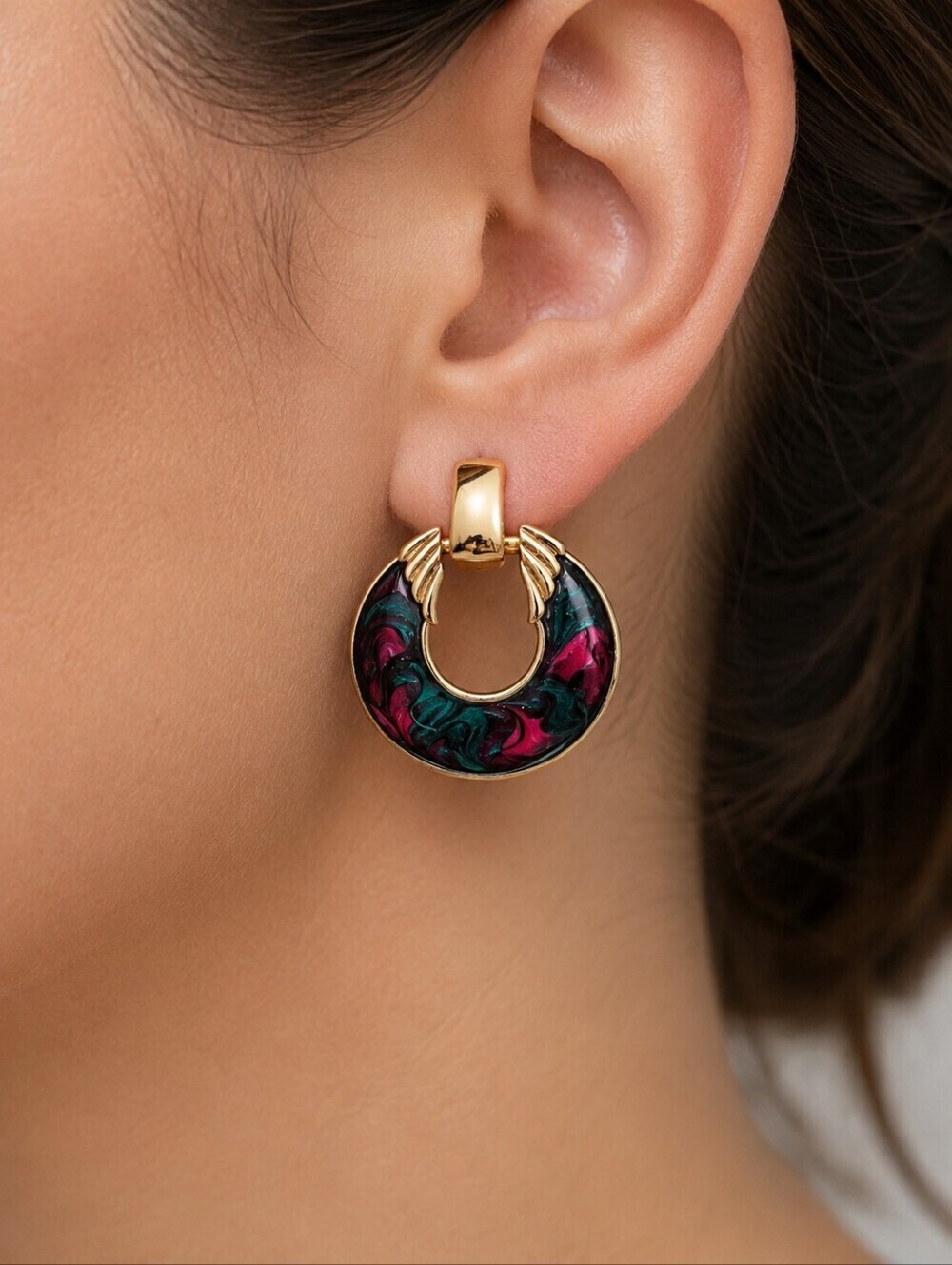 VTG 1980s hot pink teal marble enamel art deco door knocker Castlecore earrings